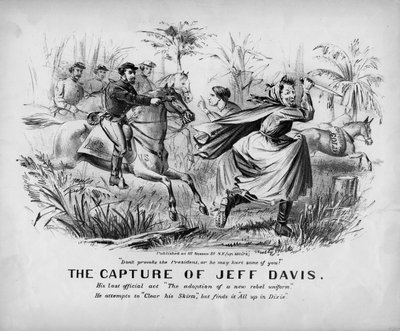 De gevangenneming van Jeff Davis: zijn laatste officiële daad De adoptie van een nieuw rebellenuniform: hij probeert zijn rokken schoon te maken, maar ontdekt dat het allemaal voorbij is in Dixie, gepubliceerd in New York, c.1865 door John Lawrence Giles